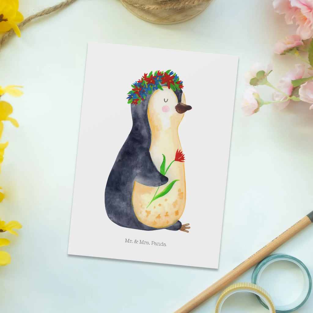 Postkarte Pinguin Blumen Postkarte, Karte, Geschenkkarte, Grußkarte, Einladung, Ansichtskarte, Geburtstagskarte, Einladungskarte, Dankeskarte, Ansichtskarten, Einladung Geburtstag, Einladungskarten Geburtstag, Pinguin, Pinguine, Blumenkranz, Universum, Leben, Wünsche, Ziele, Lebensziele, Motivation, Lebenslust, Liebeskummer, Geschenkidee