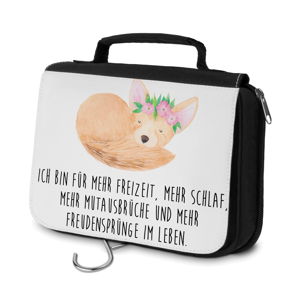 Kulturbeutel Wüstenfuchs Blumen Kulturbeutel, Zum Aufhängen, Waschtasche, Kosmetiktasche, Damen, Herren, Aufbewahrungstasche, Schminktasche, Kosmetikbeutel, Organizer, Kulturtasche, Schminkutensil, Afrika, Wildtiere, Wüste, Wüstenfuchs, Blumen, Blumenkranz, Glücklich