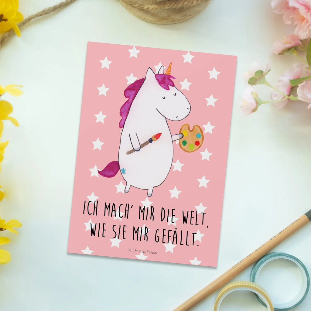 Postkarte Einhorn Künstler Postkarte, Karte, Geschenkkarte, Grußkarte, Einladung, Ansichtskarte, Geburtstagskarte, Einladungskarte, Dankeskarte, Ansichtskarten, Einladung Geburtstag, Einladungskarten Geburtstag, Einhorn, Einhörner, Einhorn Deko, Pegasus, Unicorn, Englisch, Künstler, Artist, Malen, Zeichnen, Welt, Farbe, Stift, Pinsel, Geschenk, Maler