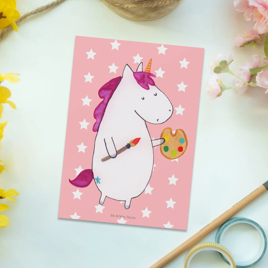 Postkarte Einhorn Künstler Postkarte, Karte, Geschenkkarte, Grußkarte, Einladung, Ansichtskarte, Geburtstagskarte, Einladungskarte, Dankeskarte, Ansichtskarten, Einladung Geburtstag, Einladungskarten Geburtstag, Einhorn, Einhörner, Einhorn Deko, Pegasus, Unicorn, Englisch, Künstler, Artist, Malen, Zeichnen, Welt, Farbe, Stift, Pinsel, Geschenk, Maler