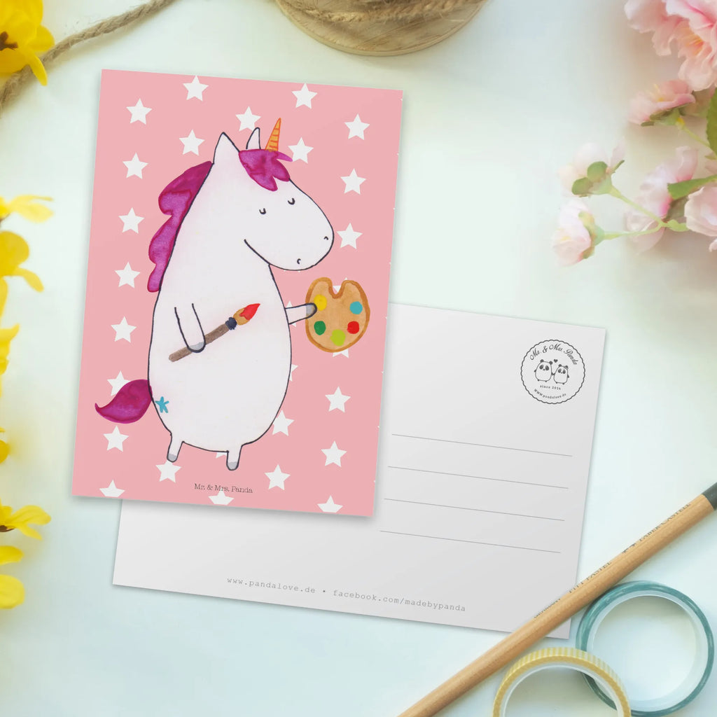 Postkarte Einhorn Künstler Postkarte, Karte, Geschenkkarte, Grußkarte, Einladung, Ansichtskarte, Geburtstagskarte, Einladungskarte, Dankeskarte, Ansichtskarten, Einladung Geburtstag, Einladungskarten Geburtstag, Einhorn, Einhörner, Einhorn Deko, Pegasus, Unicorn, Englisch, Künstler, Artist, Malen, Zeichnen, Welt, Farbe, Stift, Pinsel, Geschenk, Maler