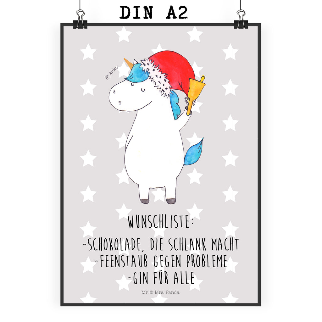 Poster Einhorn Weihnachtsmann Poster, Wandposter, Bild, Wanddeko, Küchenposter, Kinderposter, Wanddeko Bild, Raumdekoration, Wanddekoration, Handgemaltes Poster, Mr. & Mrs. Panda Poster, Designposter, Kunstdruck, Posterdruck, Einhorn, Einhörner, Einhorn Deko, Pegasus, Unicorn, Gin, Schokolade, Schoki, Weihnachten, Weihnachtsmann, Nikolaus, Wunschzettel, Wunschliste, Feenstaub