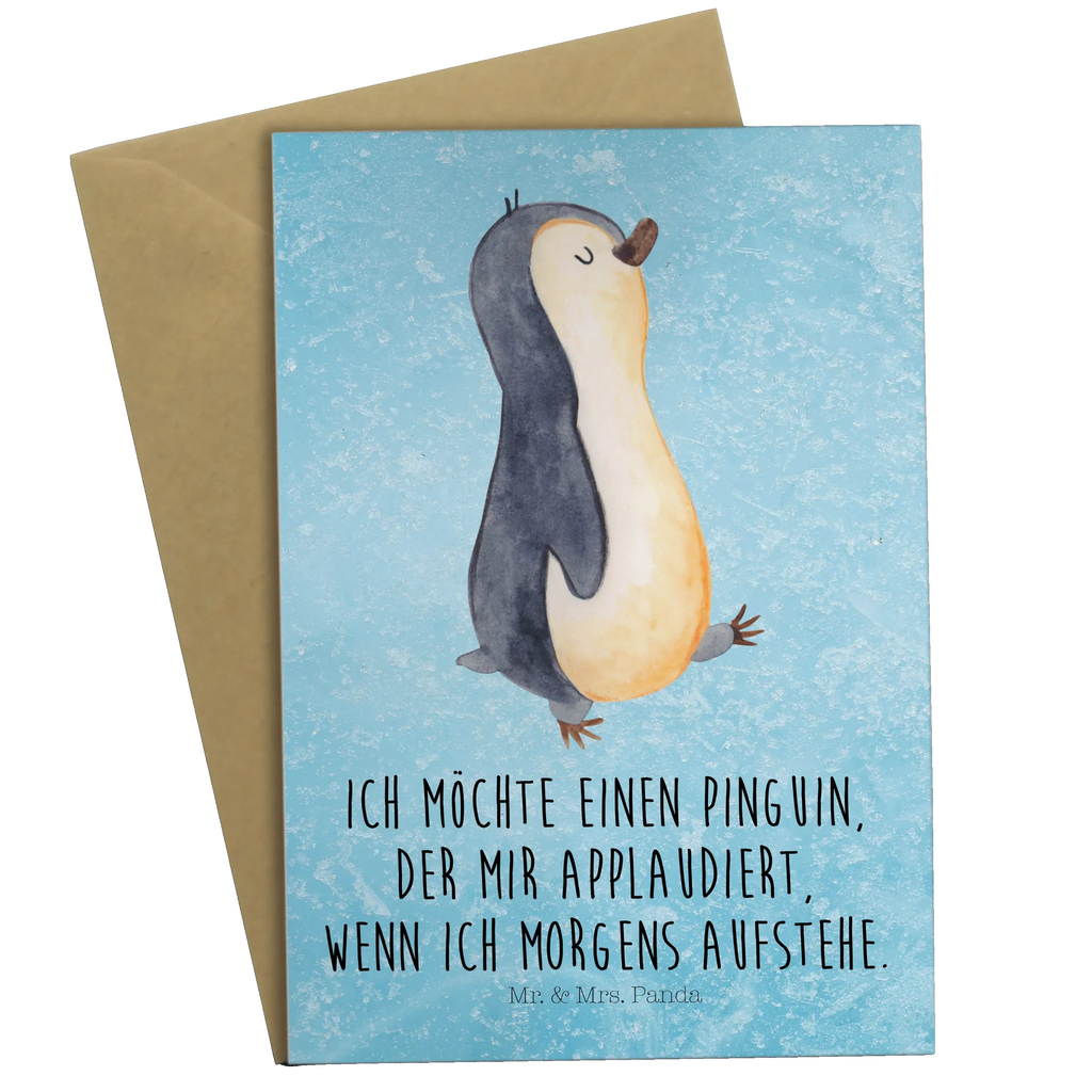 Grußkarte Pinguin marschieren Grußkarte, Klappkarte, Einladungskarte, Glückwunschkarte, Hochzeitskarte, Geburtstagskarte, Karte, Ansichtskarten, Pinguin, Pinguine, Frühaufsteher, Langschläfer, Bruder, Schwester, Familie