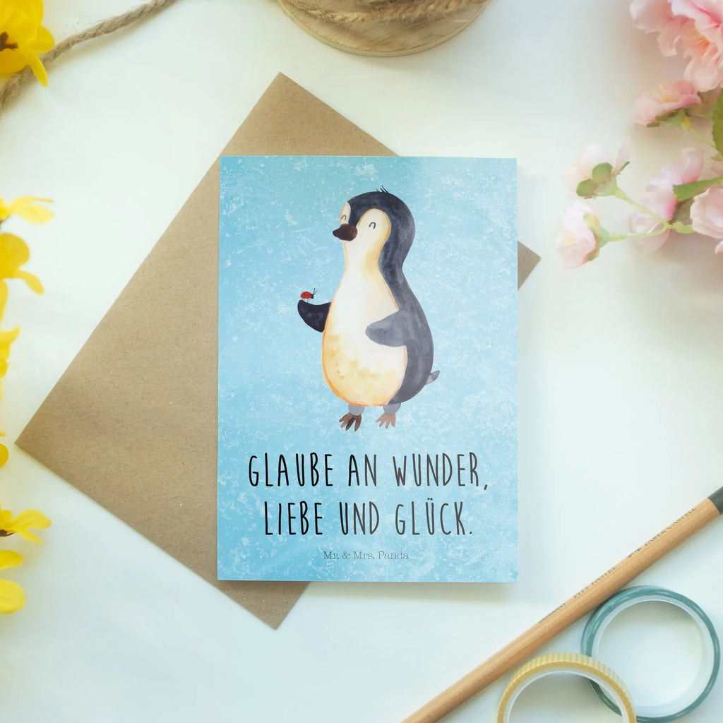 Grußkarte Pinguin Marienkäfer Grußkarte, Klappkarte, Einladungskarte, Glückwunschkarte, Hochzeitskarte, Geburtstagskarte, Karte, Ansichtskarten, Pinguin, Pinguine, Marienkäfer, Liebe, Wunder, Glück, Freude, Lebensfreude