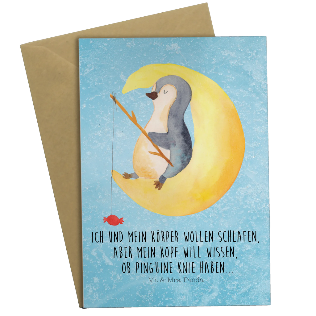 Grußkarte Pinguin Mond Grußkarte, Klappkarte, Einladungskarte, Glückwunschkarte, Hochzeitskarte, Geburtstagskarte, Karte, Ansichtskarten, Pinguin, Pinguine, Spruch, schlafen, Nachtruhe, Einschlafen, Schlafzimmer, Schlafstörungen, Gästezimmer