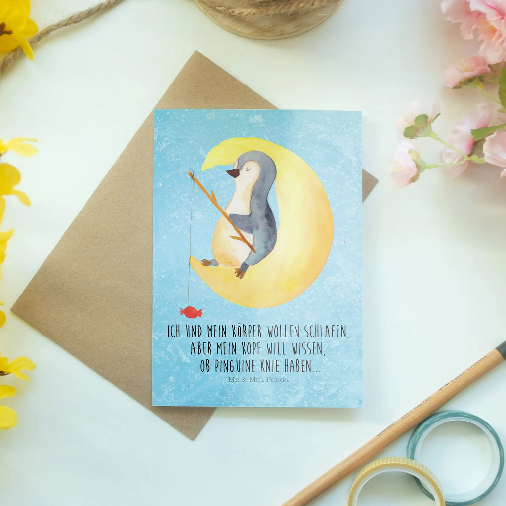 Grußkarte Pinguin Mond Grußkarte, Klappkarte, Einladungskarte, Glückwunschkarte, Hochzeitskarte, Geburtstagskarte, Karte, Ansichtskarten, Pinguin, Pinguine, Spruch, schlafen, Nachtruhe, Einschlafen, Schlafzimmer, Schlafstörungen, Gästezimmer