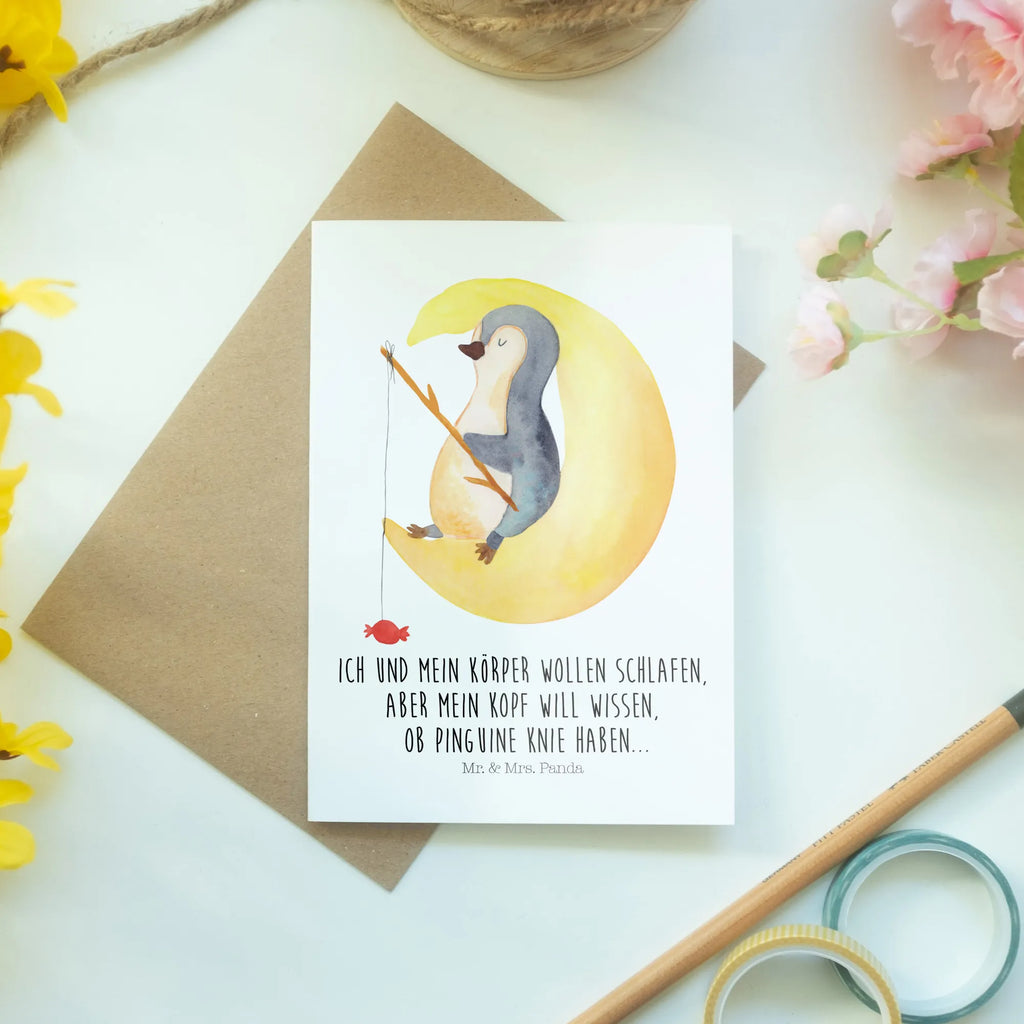 Grußkarte Pinguin Mond Grußkarte, Klappkarte, Einladungskarte, Glückwunschkarte, Hochzeitskarte, Geburtstagskarte, Karte, Ansichtskarten, Pinguin, Pinguine, Spruch, schlafen, Nachtruhe, Einschlafen, Schlafzimmer, Schlafstörungen, Gästezimmer