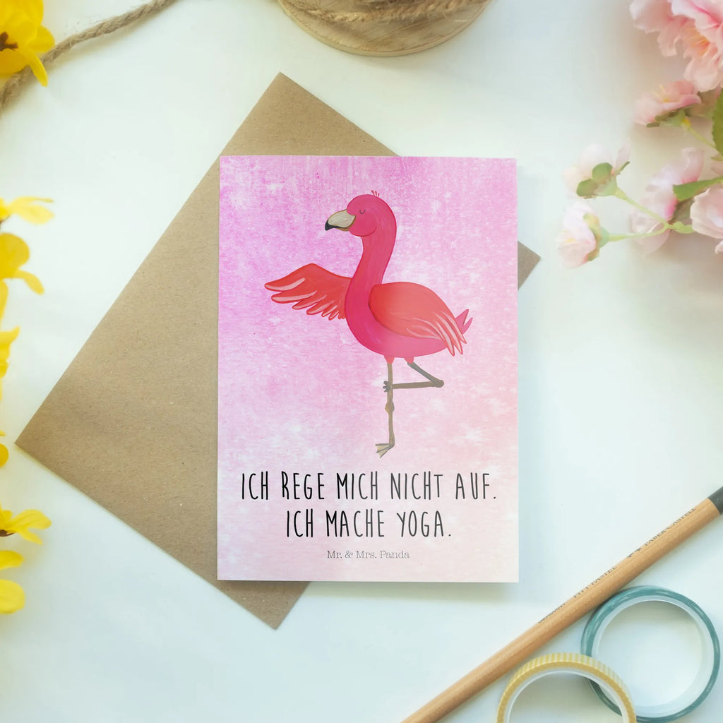 Grußkarte Flamingo Yoga Grußkarte, Klappkarte, Einladungskarte, Glückwunschkarte, Hochzeitskarte, Geburtstagskarte, Karte, Ansichtskarten, Flamingo, Vogel, Yoga, Namaste, Achtsamkeit, Yoga-Übung, Entspannung, Ärger, Aufregen, Tiefenentspannung