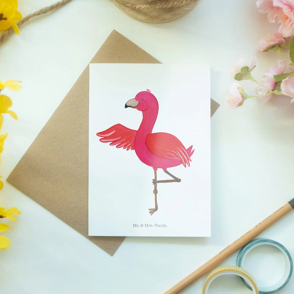 Grußkarte Flamingo Yoga Grußkarte, Klappkarte, Einladungskarte, Glückwunschkarte, Hochzeitskarte, Geburtstagskarte, Karte, Ansichtskarten, Flamingo, Vogel, Yoga, Namaste, Achtsamkeit, Yoga-Übung, Entspannung, Ärger, Aufregen, Tiefenentspannung