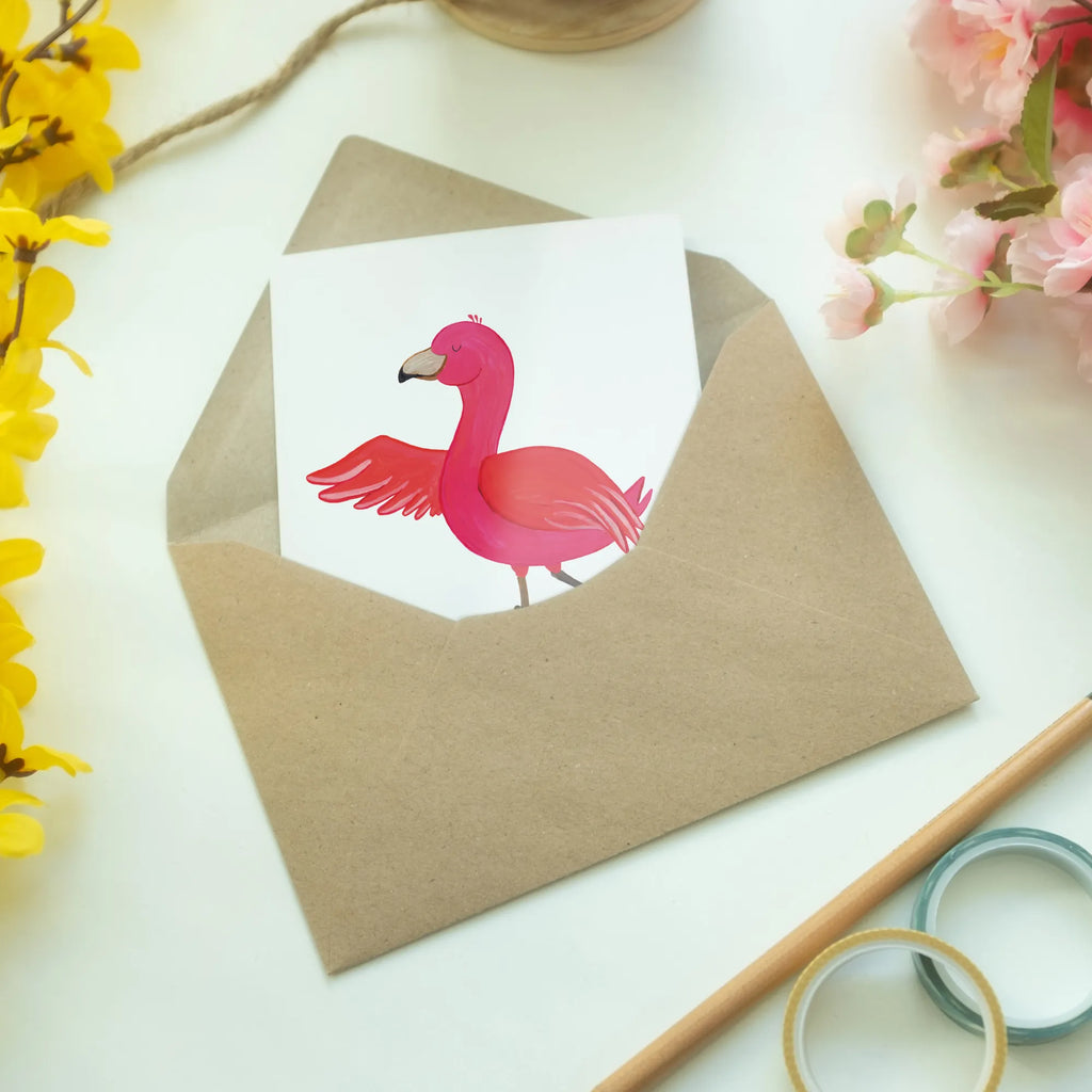 Grußkarte Flamingo Yoga Grußkarte, Klappkarte, Einladungskarte, Glückwunschkarte, Hochzeitskarte, Geburtstagskarte, Karte, Ansichtskarten, Flamingo, Vogel, Yoga, Namaste, Achtsamkeit, Yoga-Übung, Entspannung, Ärger, Aufregen, Tiefenentspannung