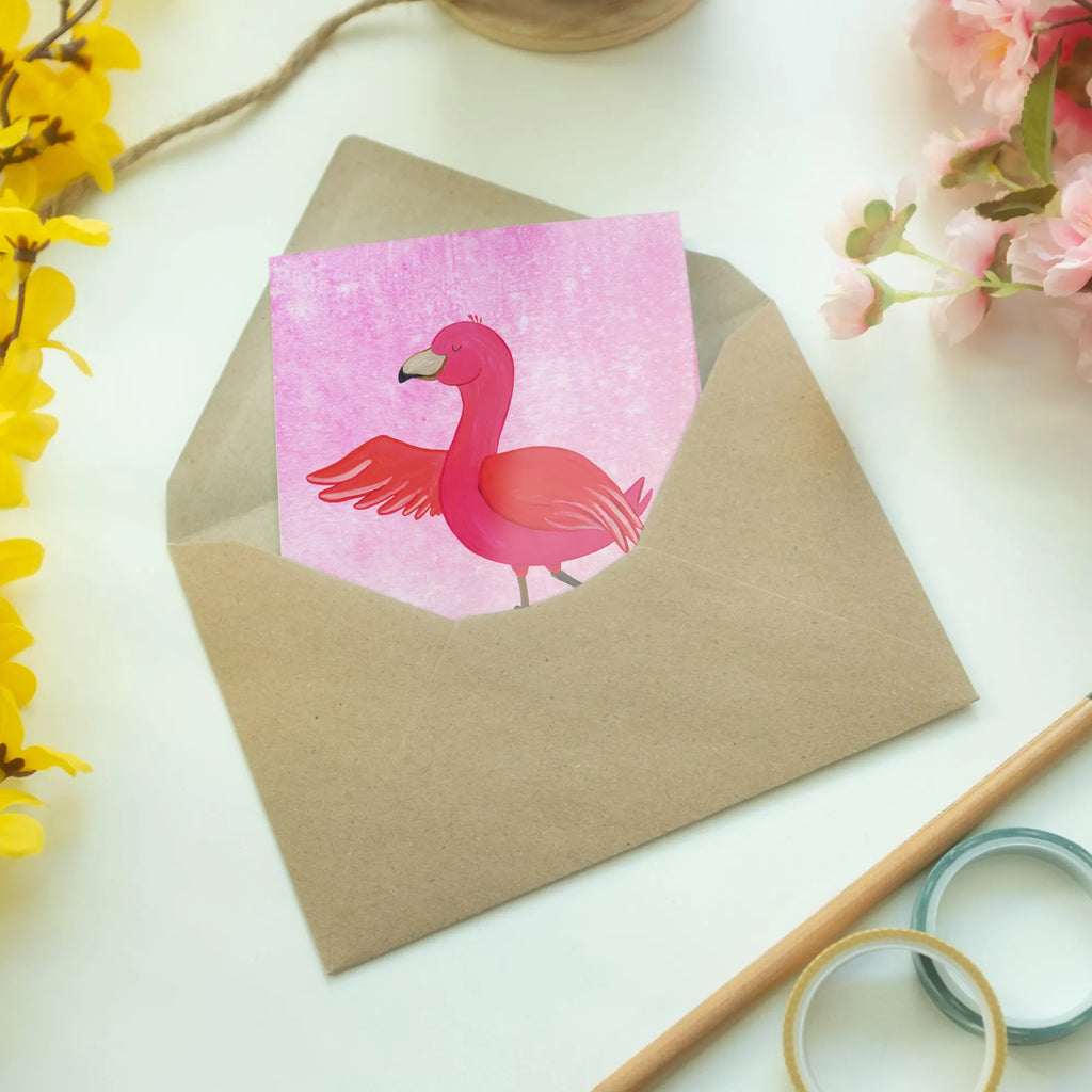 Grußkarte Flamingo Yoga Grußkarte, Klappkarte, Einladungskarte, Glückwunschkarte, Hochzeitskarte, Geburtstagskarte, Karte, Ansichtskarten, Flamingo, Vogel, Yoga, Namaste, Achtsamkeit, Yoga-Übung, Entspannung, Ärger, Aufregen, Tiefenentspannung