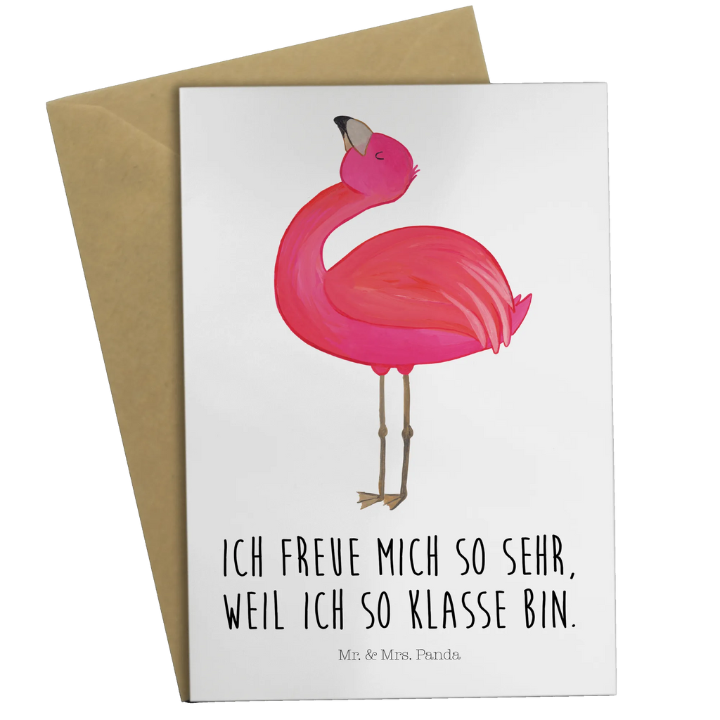 Grußkarte Flamingo stolz Grußkarte, Klappkarte, Einladungskarte, Glückwunschkarte, Hochzeitskarte, Geburtstagskarte, Karte, Ansichtskarten, Flamingo, stolz, Freude, Selbstliebe, Selbstakzeptanz, Freundin, beste Freundin, Tochter, Mama, Schwester