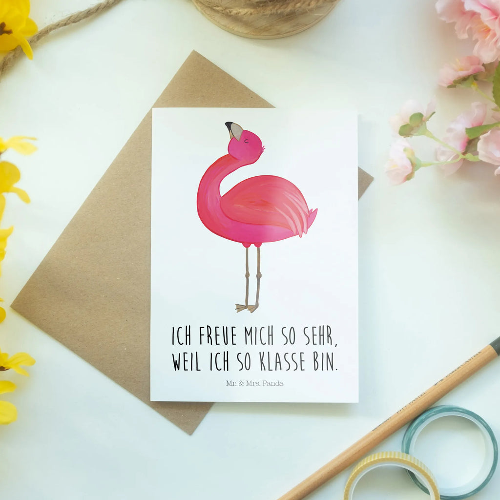 Grußkarte Flamingo stolz Grußkarte, Klappkarte, Einladungskarte, Glückwunschkarte, Hochzeitskarte, Geburtstagskarte, Karte, Ansichtskarten, Flamingo, stolz, Freude, Selbstliebe, Selbstakzeptanz, Freundin, beste Freundin, Tochter, Mama, Schwester