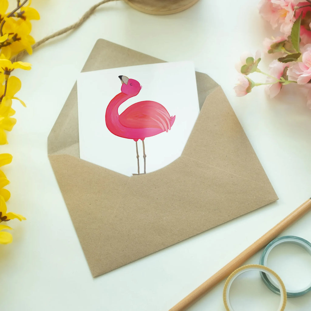 Grußkarte Flamingo stolz Grußkarte, Klappkarte, Einladungskarte, Glückwunschkarte, Hochzeitskarte, Geburtstagskarte, Karte, Ansichtskarten, Flamingo, stolz, Freude, Selbstliebe, Selbstakzeptanz, Freundin, beste Freundin, Tochter, Mama, Schwester