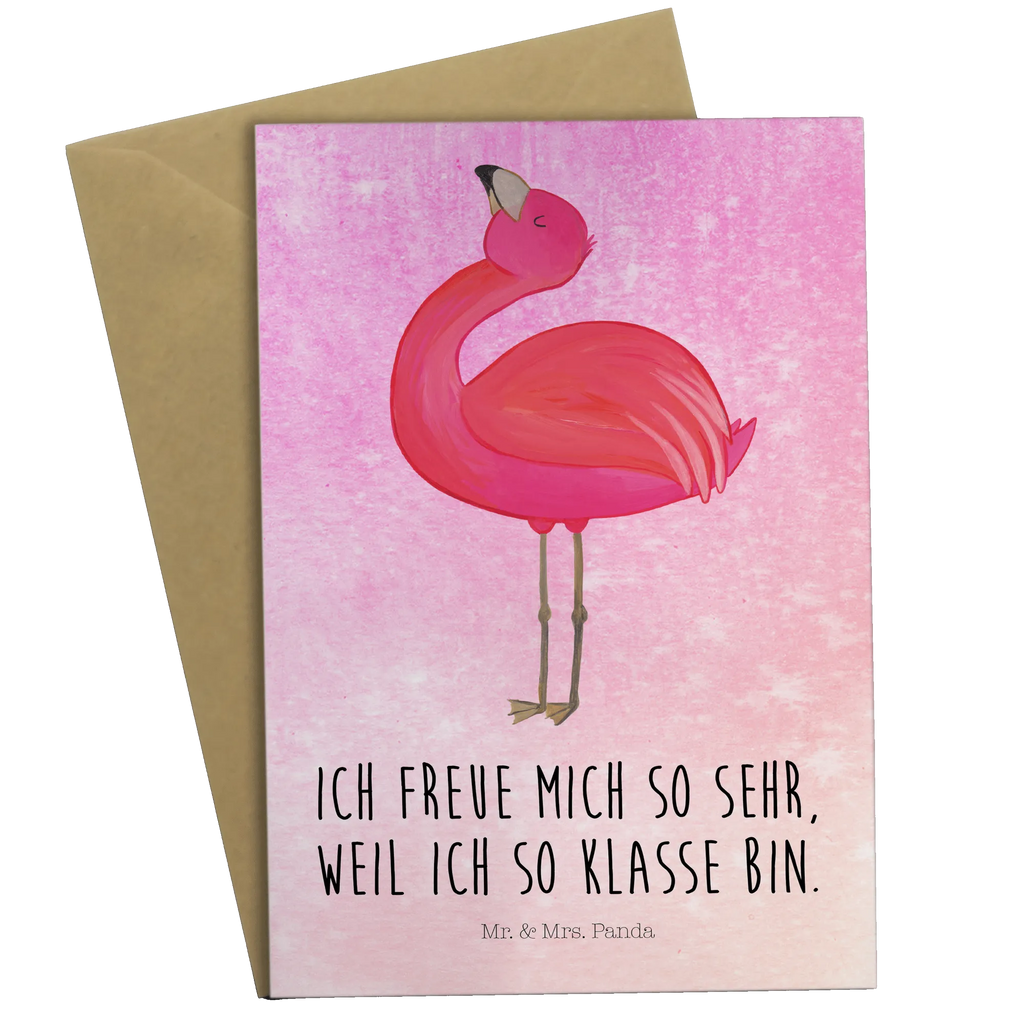 Grußkarte Flamingo stolz Grußkarte, Klappkarte, Einladungskarte, Glückwunschkarte, Hochzeitskarte, Geburtstagskarte, Karte, Ansichtskarten, Flamingo, stolz, Freude, Selbstliebe, Selbstakzeptanz, Freundin, beste Freundin, Tochter, Mama, Schwester