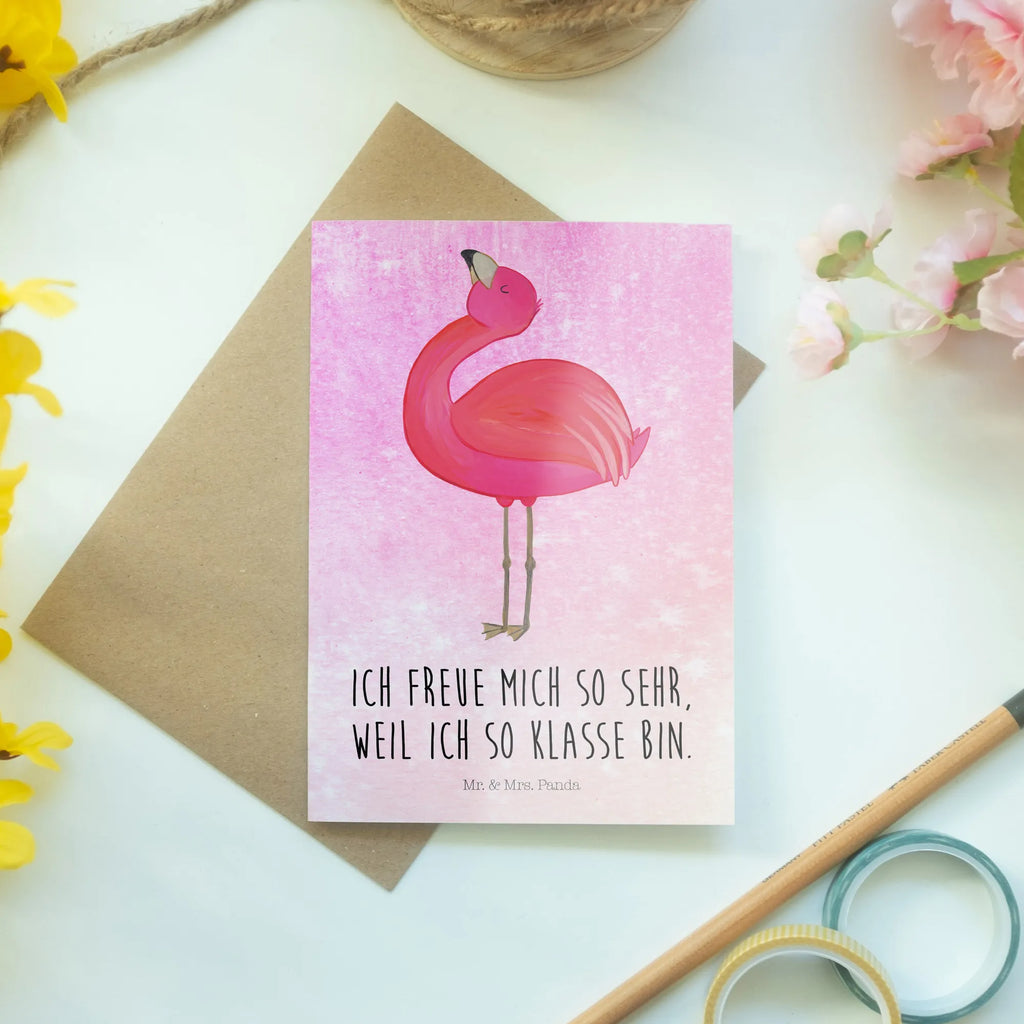 Grußkarte Flamingo stolz Grußkarte, Klappkarte, Einladungskarte, Glückwunschkarte, Hochzeitskarte, Geburtstagskarte, Karte, Ansichtskarten, Flamingo, stolz, Freude, Selbstliebe, Selbstakzeptanz, Freundin, beste Freundin, Tochter, Mama, Schwester