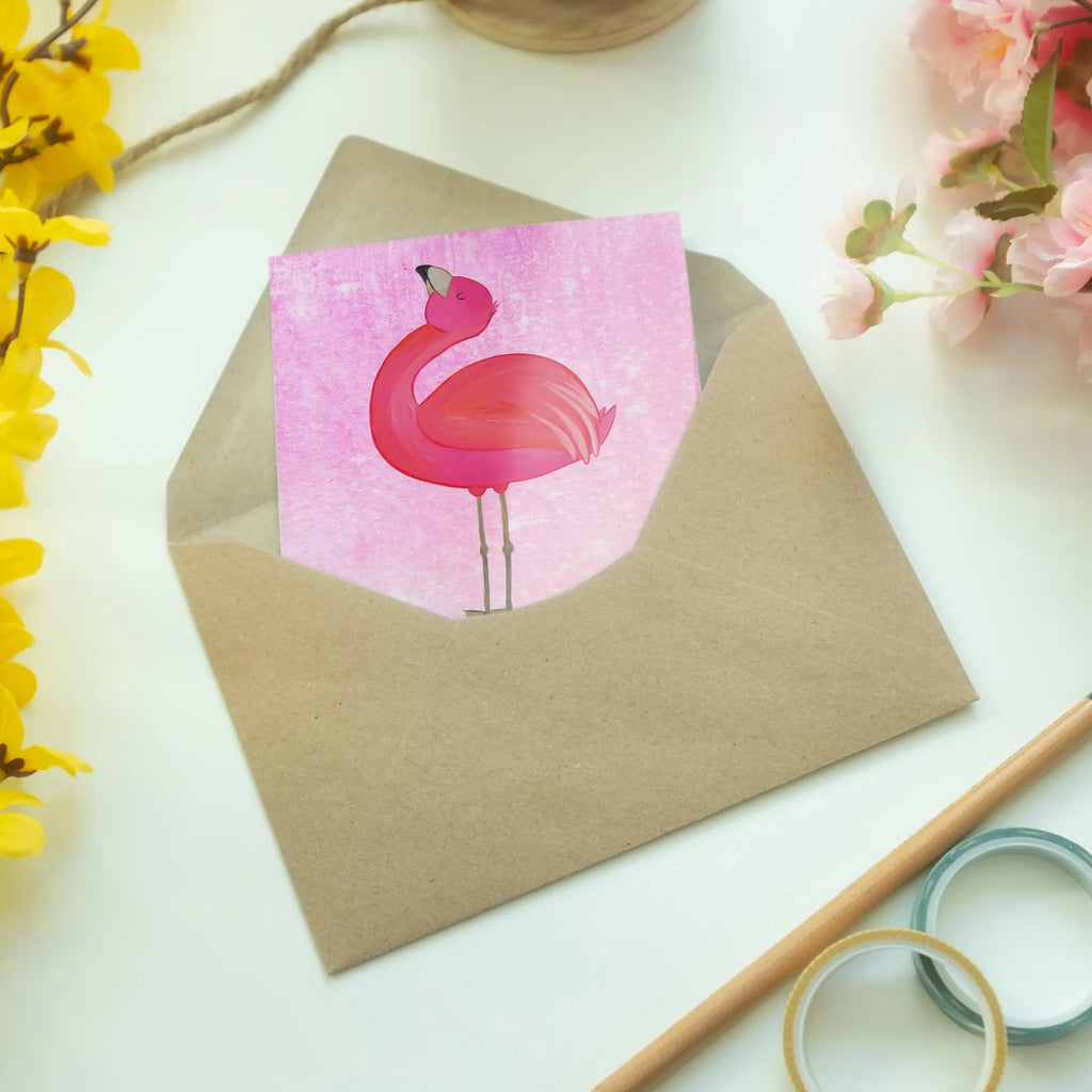 Grußkarte Flamingo stolz Grußkarte, Klappkarte, Einladungskarte, Glückwunschkarte, Hochzeitskarte, Geburtstagskarte, Karte, Ansichtskarten, Flamingo, stolz, Freude, Selbstliebe, Selbstakzeptanz, Freundin, beste Freundin, Tochter, Mama, Schwester