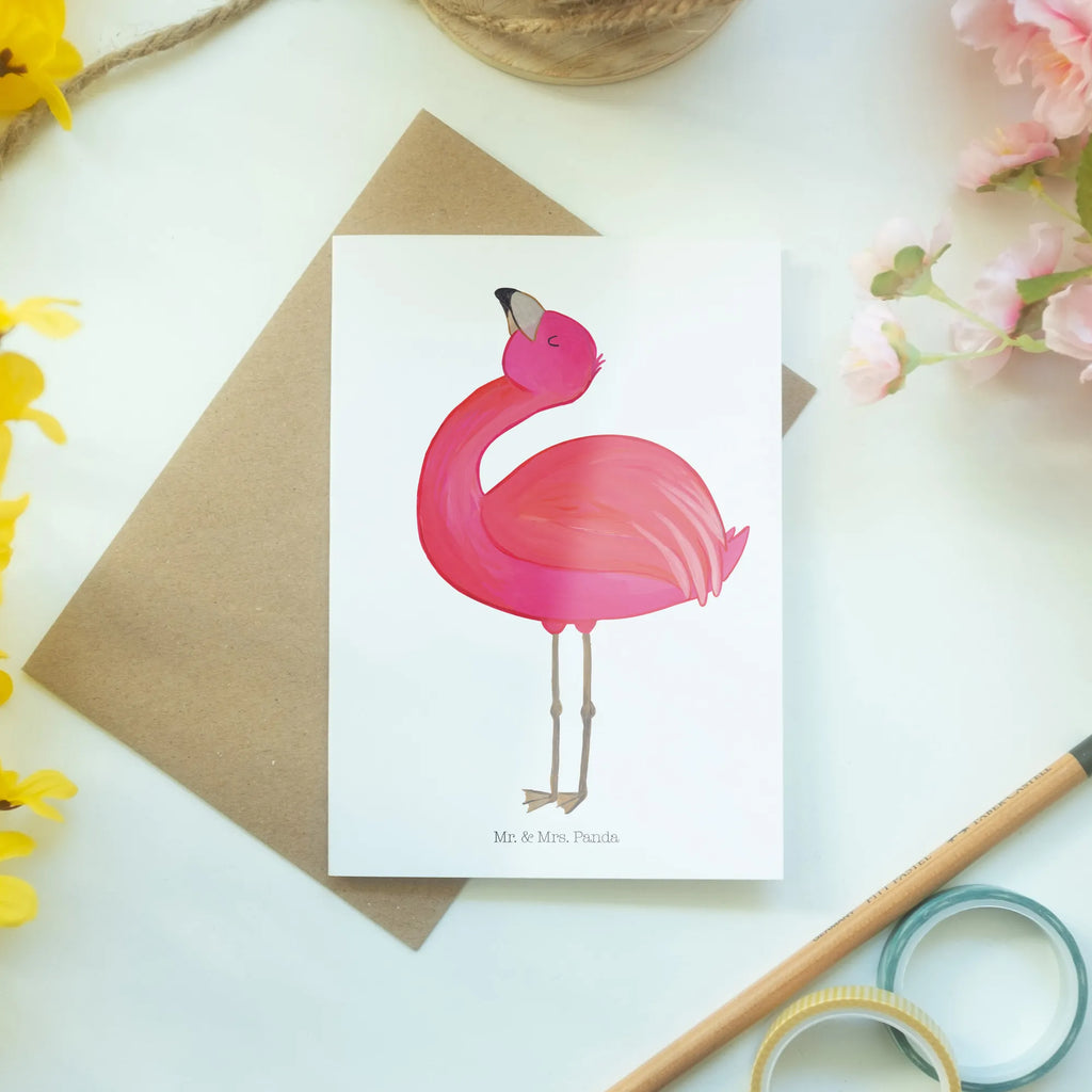 Grußkarte Flamingo stolz Grußkarte, Klappkarte, Einladungskarte, Glückwunschkarte, Hochzeitskarte, Geburtstagskarte, Karte, Ansichtskarten, Flamingo, stolz, Freude, Selbstliebe, Selbstakzeptanz, Freundin, beste Freundin, Tochter, Mama, Schwester