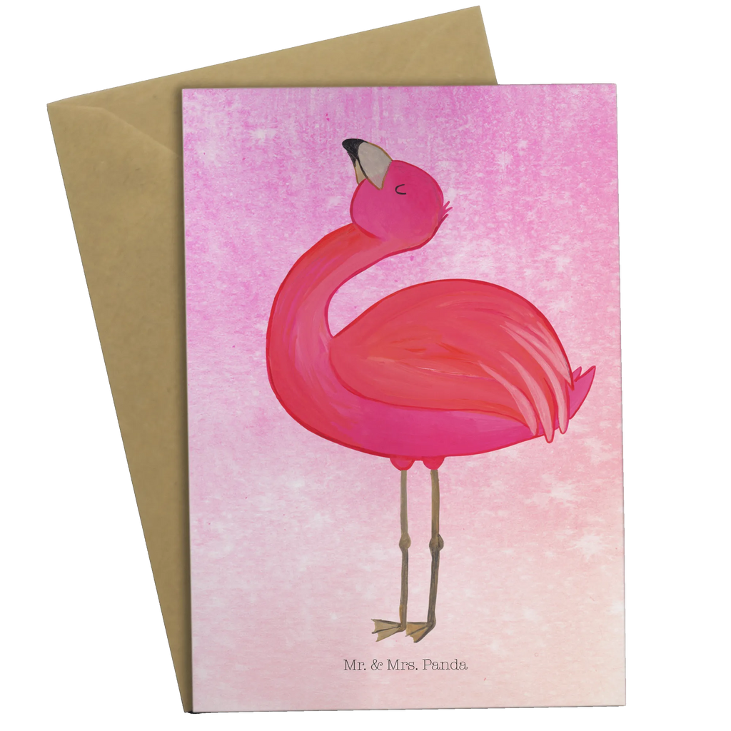 Grußkarte Flamingo stolz Grußkarte, Klappkarte, Einladungskarte, Glückwunschkarte, Hochzeitskarte, Geburtstagskarte, Karte, Ansichtskarten, Flamingo, stolz, Freude, Selbstliebe, Selbstakzeptanz, Freundin, beste Freundin, Tochter, Mama, Schwester