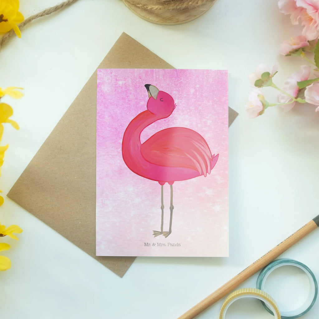 Grußkarte Flamingo stolz Grußkarte, Klappkarte, Einladungskarte, Glückwunschkarte, Hochzeitskarte, Geburtstagskarte, Karte, Ansichtskarten, Flamingo, stolz, Freude, Selbstliebe, Selbstakzeptanz, Freundin, beste Freundin, Tochter, Mama, Schwester