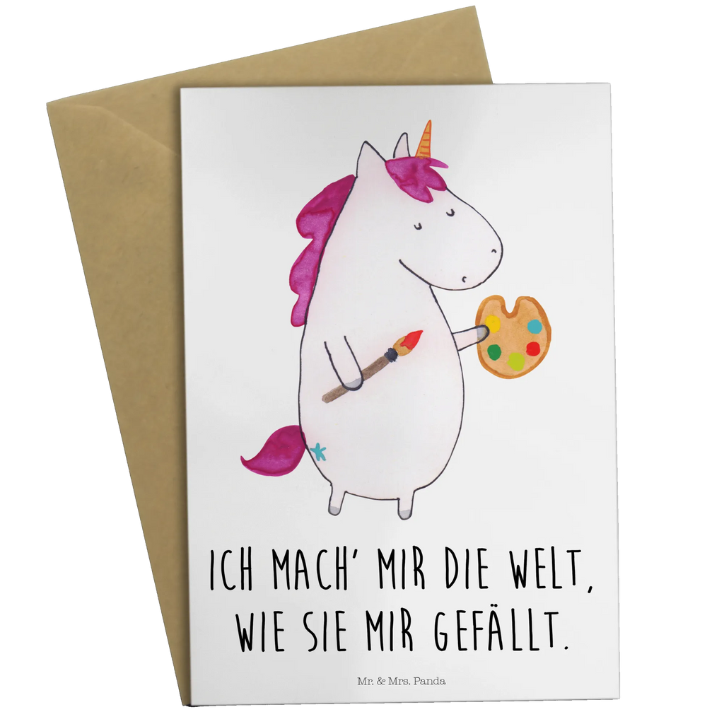 Grußkarte Einhorn Künstler Grußkarte, Klappkarte, Einladungskarte, Glückwunschkarte, Hochzeitskarte, Geburtstagskarte, Karte, Ansichtskarten, Einhorn, Einhörner, Einhorn Deko, Pegasus, Unicorn, Englisch, Künstler, Artist, Malen, Zeichnen, Welt, Farbe, Stift, Pinsel, Geschenk, Maler