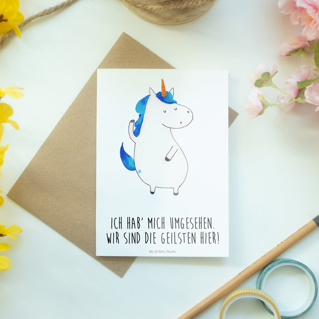 Grußkarte Einhorn Mann Grußkarte, Klappkarte, Einladungskarte, Glückwunschkarte, Hochzeitskarte, Geburtstagskarte, Karte, Ansichtskarten, Einhorn, Einhörner, Einhorn Deko, Pegasus, Unicorn, cool, Mann, Freundin, Familie, bester Freund, BFF, Party, hübsch, beste