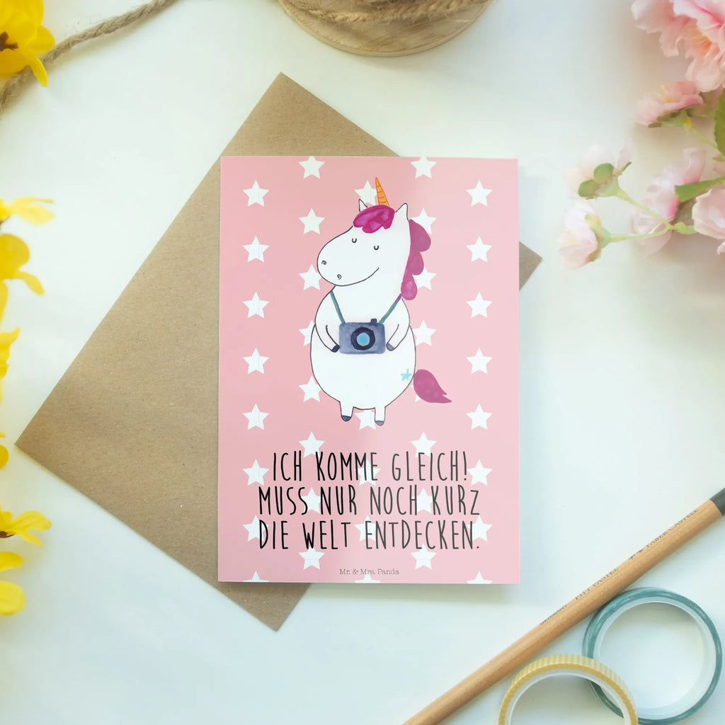 Grußkarte Einhorn Fotograf Grußkarte, Klappkarte, Einladungskarte, Glückwunschkarte, Hochzeitskarte, Geburtstagskarte, Karte, Ansichtskarten, Einhorn, Einhörner, Einhorn Deko, Pegasus, Unicorn, Fotograf, Fotografie, Kamera, Reisen, Weltreise, Weltenbummler, Urlaub, Tourist, Kurztrip, Reise, Städtereise