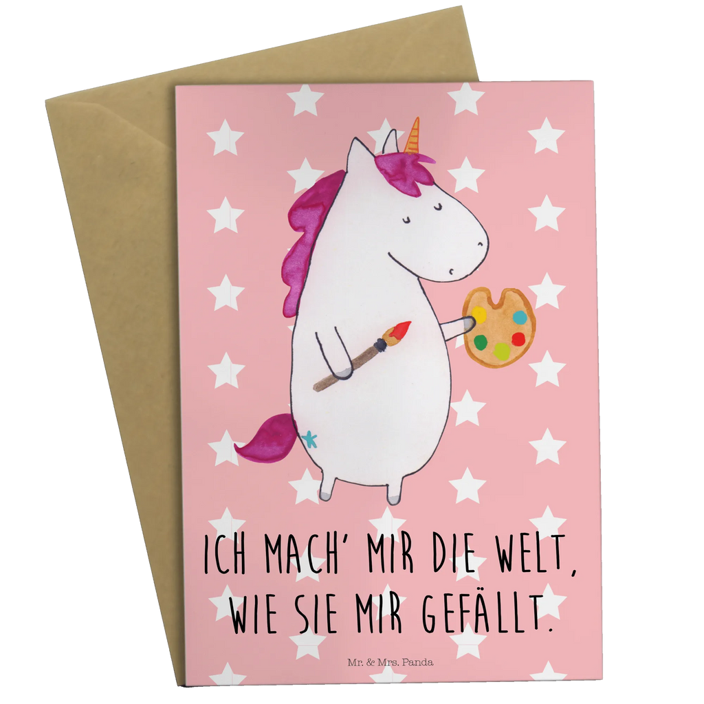 Grußkarte Einhorn Künstler Grußkarte, Klappkarte, Einladungskarte, Glückwunschkarte, Hochzeitskarte, Geburtstagskarte, Karte, Ansichtskarten, Einhorn, Einhörner, Einhorn Deko, Pegasus, Unicorn, Englisch, Künstler, Artist, Malen, Zeichnen, Welt, Farbe, Stift, Pinsel, Geschenk, Maler