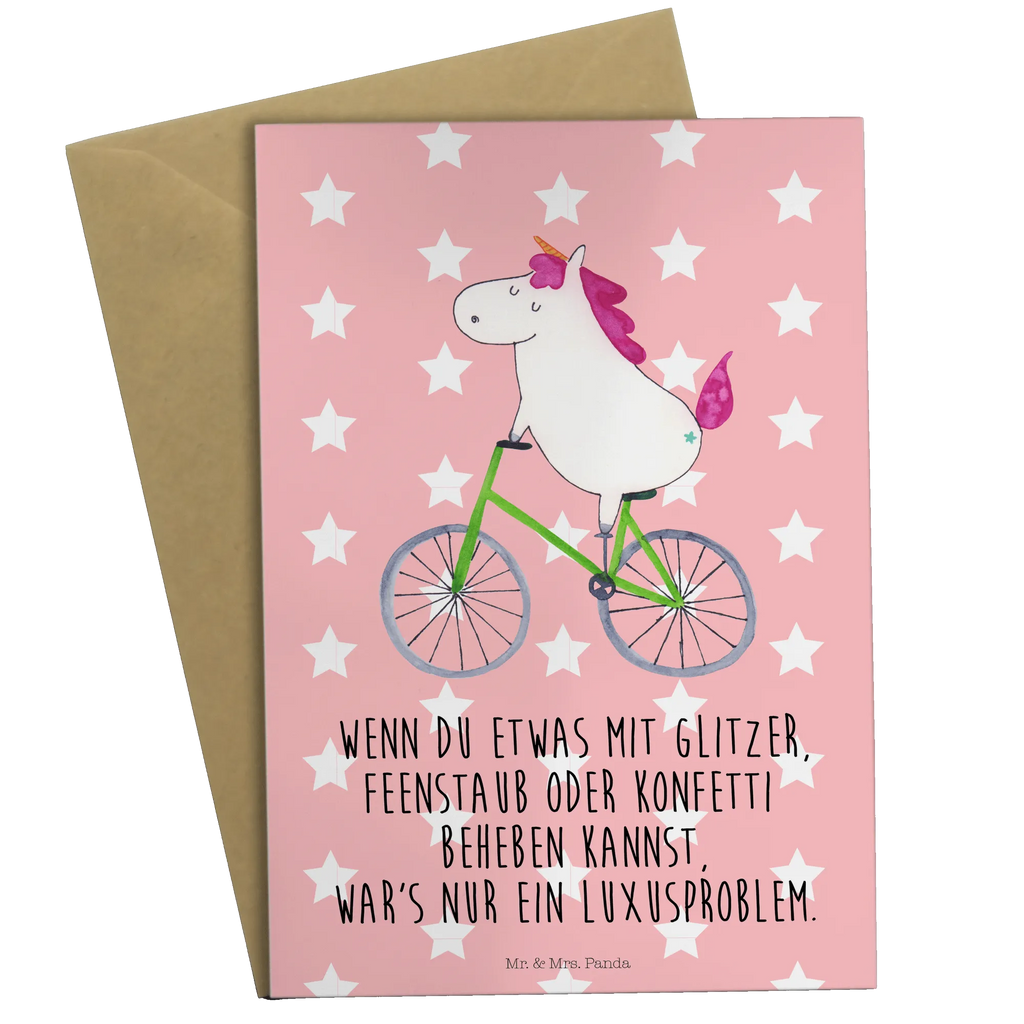 Grußkarte Einhorn Radfahrer Grußkarte, Klappkarte, Einladungskarte, Glückwunschkarte, Hochzeitskarte, Geburtstagskarte, Karte, Ansichtskarten, Einhorn, Einhörner, Einhorn Deko, Pegasus, Unicorn, Radfahren, Radfahrer, Rad, Bike, Feenstaub, Konfetti, Luxusproblem, Kummer, Liebeskummer