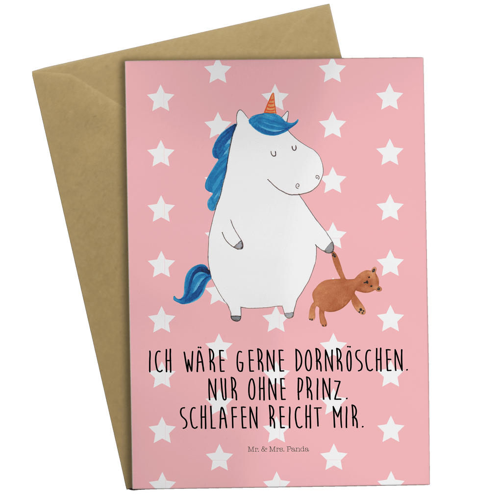 Grußkarte Einhorn Teddy Grußkarte, Klappkarte, Einladungskarte, Glückwunschkarte, Hochzeitskarte, Geburtstagskarte, Karte, Ansichtskarten, Einhorn, Einhörner, Einhorn Deko, Pegasus, Unicorn, schlafen, gute Nacht, Single, Bett, Träumen, Freundin, Singleleben