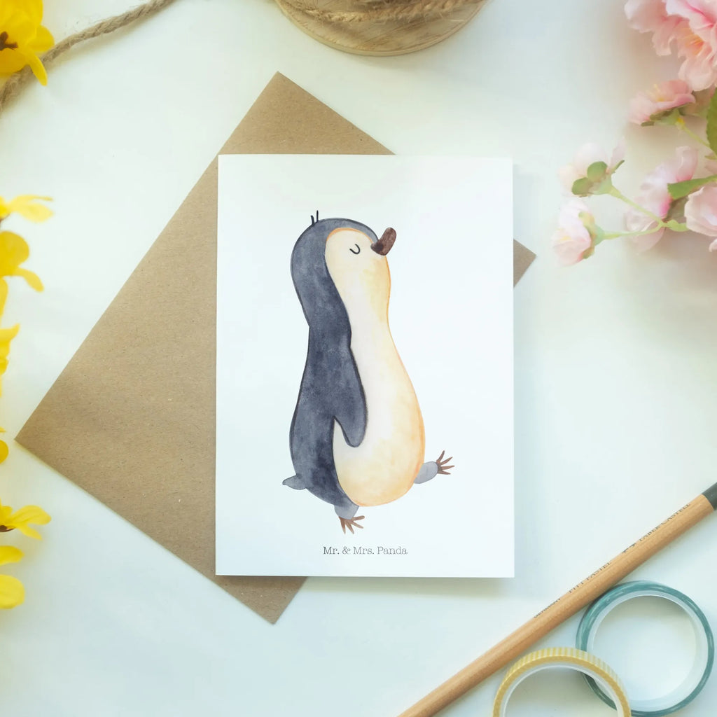 Grußkarte Pinguin marschieren Grußkarte, Klappkarte, Einladungskarte, Glückwunschkarte, Hochzeitskarte, Geburtstagskarte, Karte, Ansichtskarten, Pinguin, Pinguine, Frühaufsteher, Langschläfer, Bruder, Schwester, Familie