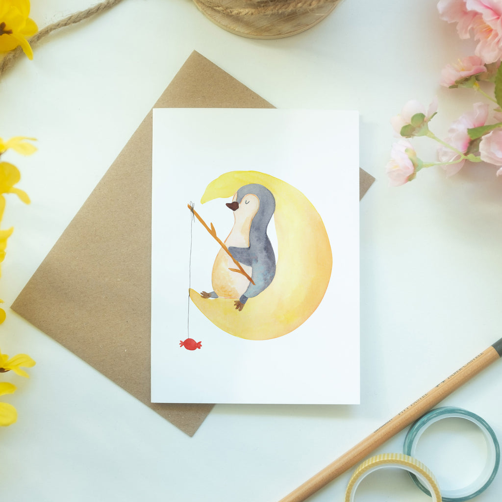 Grußkarte Pinguin Mond Grußkarte, Klappkarte, Einladungskarte, Glückwunschkarte, Hochzeitskarte, Geburtstagskarte, Karte, Ansichtskarten, Pinguin, Pinguine, Spruch, schlafen, Nachtruhe, Einschlafen, Schlafzimmer, Schlafstörungen, Gästezimmer