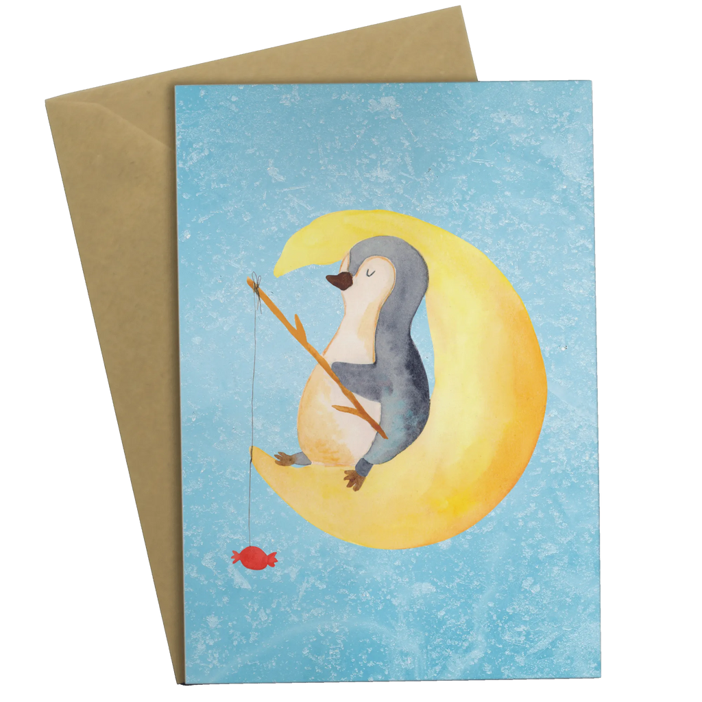 Grußkarte Pinguin Mond Grußkarte, Klappkarte, Einladungskarte, Glückwunschkarte, Hochzeitskarte, Geburtstagskarte, Karte, Ansichtskarten, Pinguin, Pinguine, Spruch, schlafen, Nachtruhe, Einschlafen, Schlafzimmer, Schlafstörungen, Gästezimmer