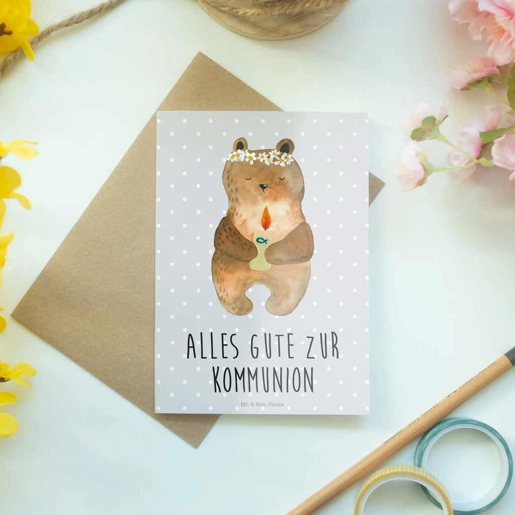 Grußkarte Bär Kommunion Grußkarte, Klappkarte, Einladungskarte, Glückwunschkarte, Hochzeitskarte, Geburtstagskarte, Karte, Ansichtskarten, Bär, Teddy, Teddybär, Kommunion, Gottes Segen, Taufkerze, katholisch