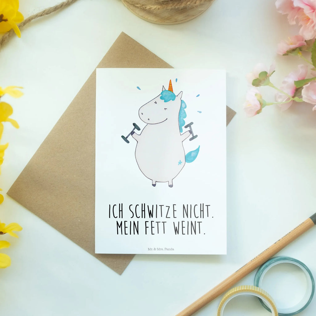 Grußkarte Einhorn Fitness Grußkarte, Klappkarte, Einladungskarte, Glückwunschkarte, Hochzeitskarte, Geburtstagskarte, Karte, Ansichtskarten, Einhorn, Einhörner, Einhorn Deko, Pegasus, Unicorn, Gym, Fitness, Fitnessstudio, Diät, Abnehmen, Sport, Pumpen, Geräte, Sixpack