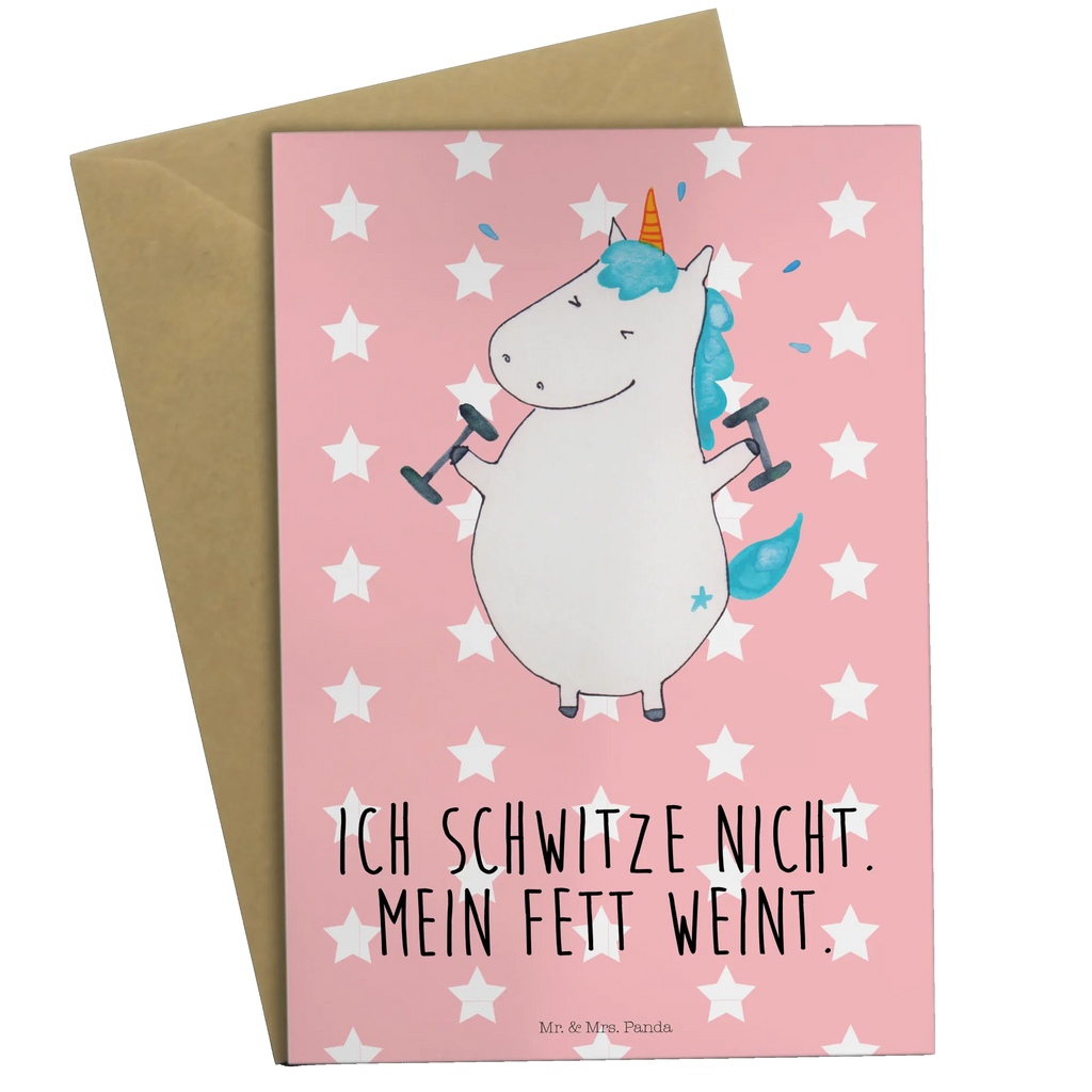 Grußkarte Einhorn Fitness Grußkarte, Klappkarte, Einladungskarte, Glückwunschkarte, Hochzeitskarte, Geburtstagskarte, Karte, Ansichtskarten, Einhorn, Einhörner, Einhorn Deko, Pegasus, Unicorn, Gym, Fitness, Fitnessstudio, Diät, Abnehmen, Sport, Pumpen, Geräte, Sixpack