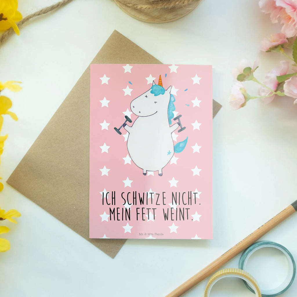 Grußkarte Einhorn Fitness Grußkarte, Klappkarte, Einladungskarte, Glückwunschkarte, Hochzeitskarte, Geburtstagskarte, Karte, Ansichtskarten, Einhorn, Einhörner, Einhorn Deko, Pegasus, Unicorn, Gym, Fitness, Fitnessstudio, Diät, Abnehmen, Sport, Pumpen, Geräte, Sixpack