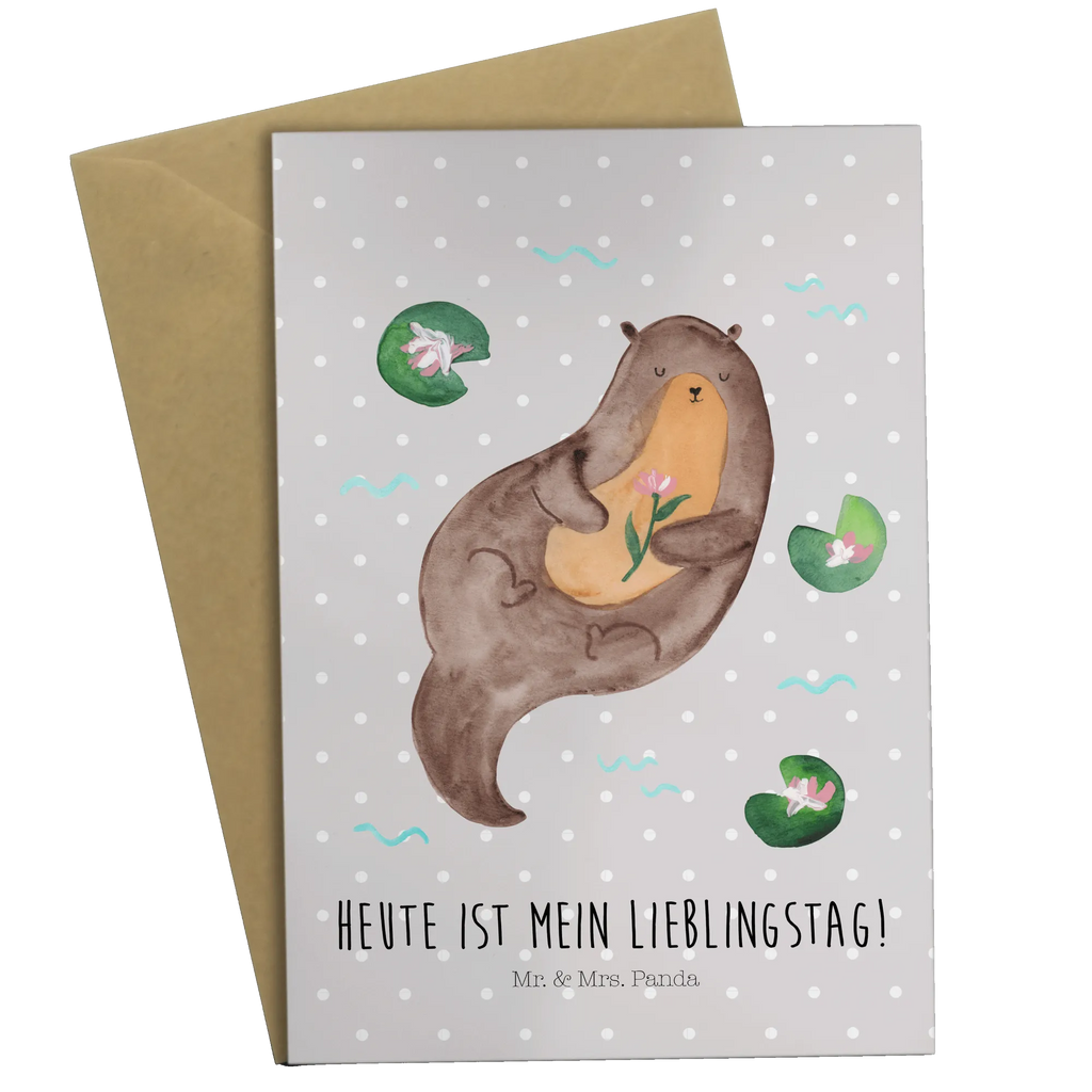 Grußkarte Otter mit Seerose Grußkarte, Klappkarte, Einladungskarte, Glückwunschkarte, Hochzeitskarte, Geburtstagskarte, Karte, Ansichtskarten, Otter, Fischotter, Seeotter, Otter Seeotter See Otter