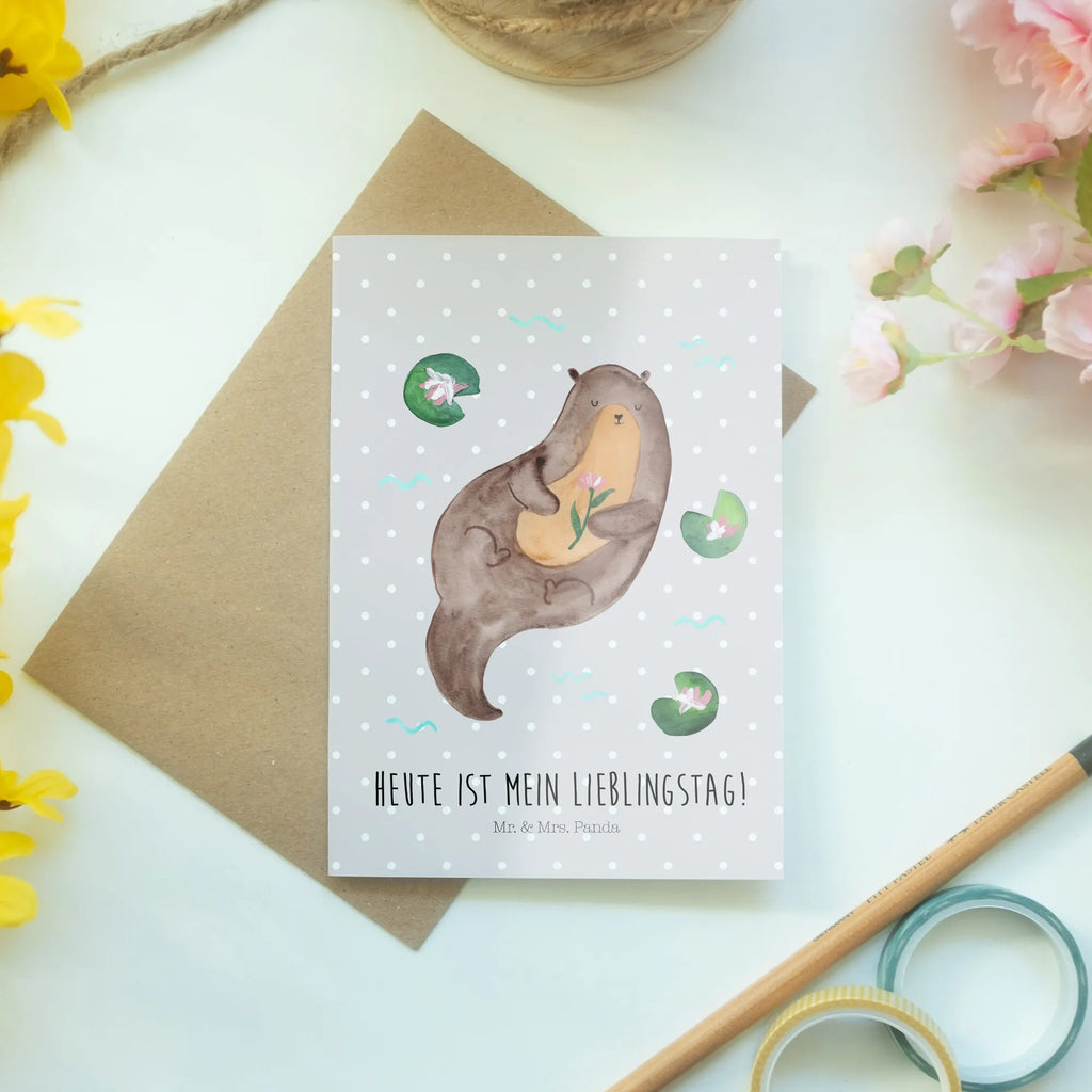 Grußkarte Otter mit Seerose Grußkarte, Klappkarte, Einladungskarte, Glückwunschkarte, Hochzeitskarte, Geburtstagskarte, Karte, Ansichtskarten, Otter, Fischotter, Seeotter, Otter Seeotter See Otter