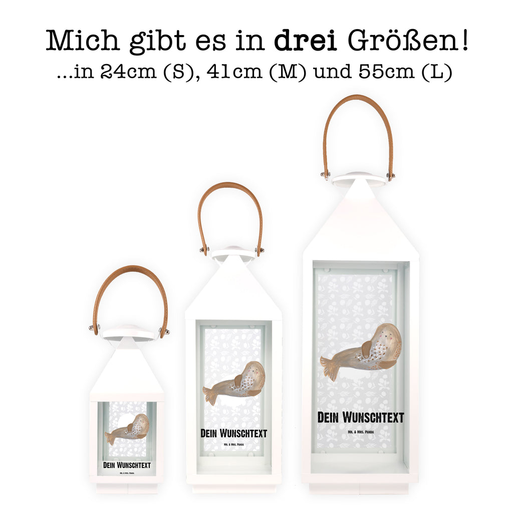 Personalisierte Deko Laterne Robbe lachend Gartenlampe, Gartenleuchte, Gartendekoration, Gartenlicht, Laterne kleine Laternen, XXL Laternen, Laterne groß, Tiermotive, Gute Laune, lustige Sprüche, Tiere, Robbe, Robben, Seehund, Strand, Meerestier, Ostsee, Nordsee