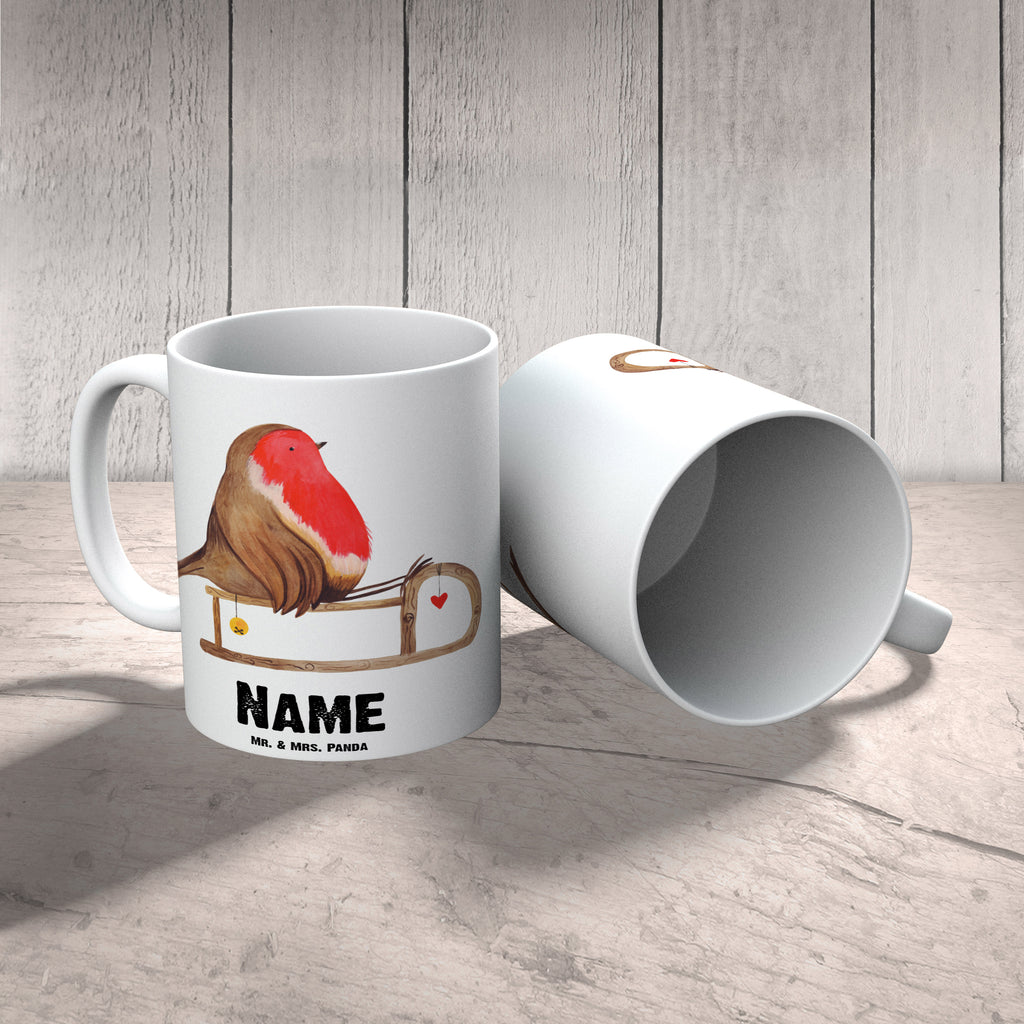 Personalisierte Tasse Rotkehlchen Schlitten Personalisierte Tasse, Namenstasse, Wunschname, Personalisiert, Tasse, Namen, Drucken, Tasse mit Namen, Winter, Weihnachten, Weihnachtsdeko, Nikolaus, Advent, Heiligabend, Wintermotiv, Schlitten, Vogel