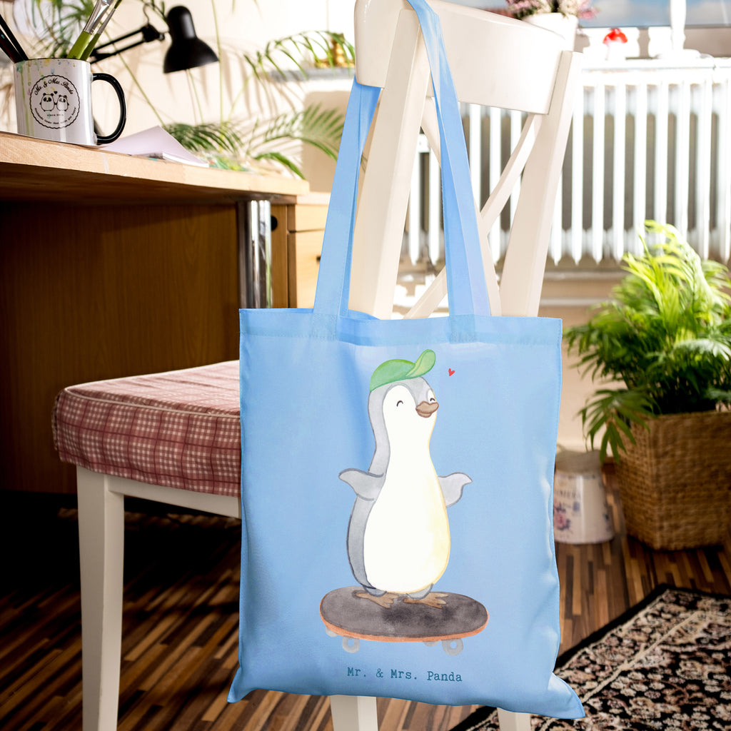 Tragetasche Pinguin Skateboarden Tage Beuteltasche, Beutel, Einkaufstasche, Jutebeutel, Stoffbeutel, Tasche, Shopper, Umhängetasche, Strandtasche, Schultertasche, Stofftasche, Tragetasche, Badetasche, Jutetasche, Einkaufstüte, Laptoptasche, Geschenk, Sport, Sportart, Hobby, Schenken, Danke, Dankeschön, Auszeichnung, Gewinn, Sportler, Skateboarden, Skateboard fahren, Skaten, Skateboard, Skateplatz