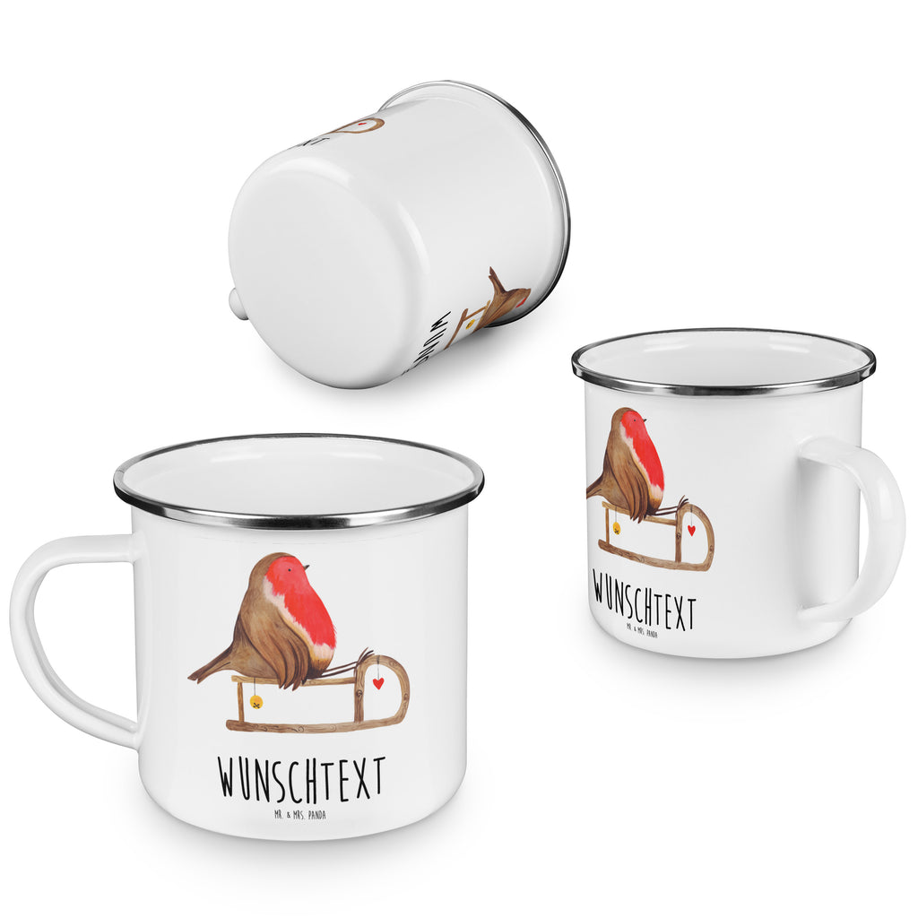 Personalisierte Emaille Tasse Rotkehlchen Schlitten Emaille Tasse personalisiert, Emaille Tasse mit Namen, Campingtasse personalisiert, Namenstasse, Campingtasse bedrucken, Campinggeschirr personalsisert, tasse mit namen, personalisierte tassen, personalisierte tasse, tasse selbst gestalten, tasse bedrucken, tassen bedrucken, Winter, Weihnachten, Weihnachtsdeko, Nikolaus, Advent, Heiligabend, Wintermotiv, Schlitten, Vogel