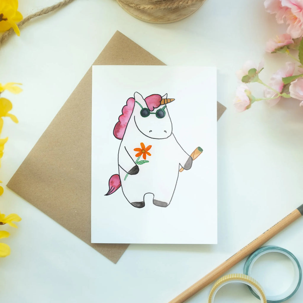 Grußkarte Einhorn Woodstock Grußkarte, Klappkarte, Einladungskarte, Glückwunschkarte, Hochzeitskarte, Geburtstagskarte, Karte, Ansichtskarten, Einhorn, Einhörner, Einhorn Deko, Pegasus, Unicorn, Kiffen, Joint, Zigarette, Alkohol, Party, Spaß. lustig, witzig, Woodstock