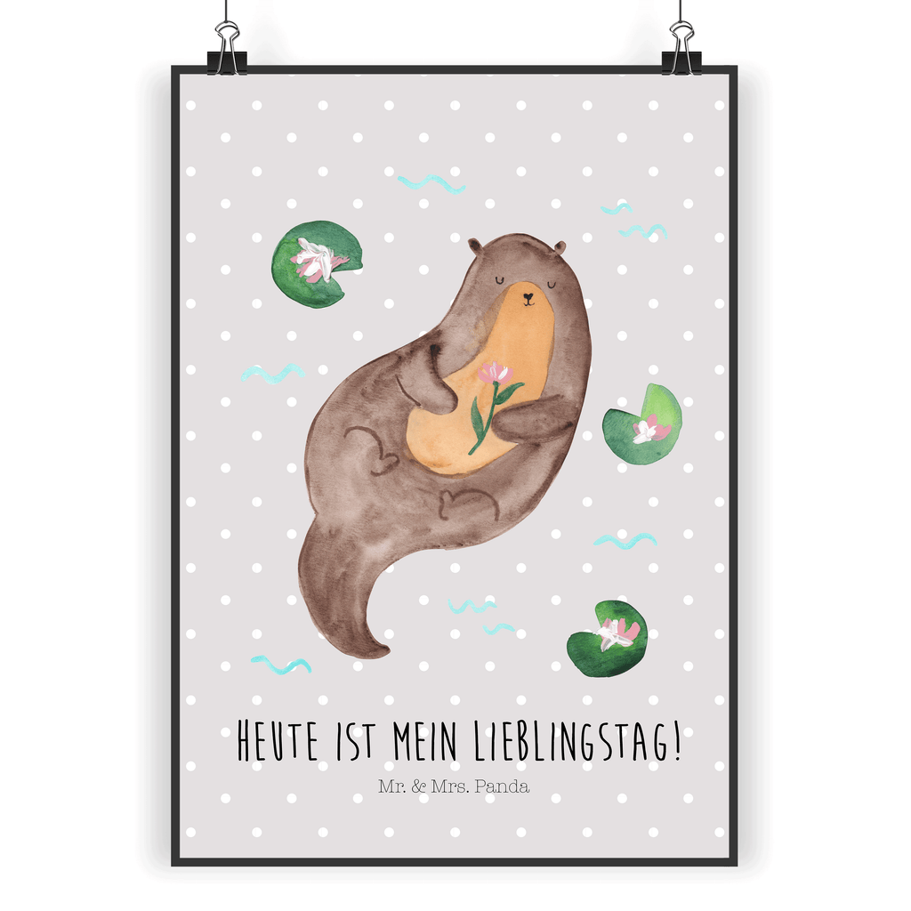 Poster Otter mit Seerose Poster, Wandposter, Bild, Wanddeko, Küchenposter, Kinderposter, Wanddeko Bild, Raumdekoration, Wanddekoration, Handgemaltes Poster, Mr. & Mrs. Panda Poster, Designposter, Kunstdruck, Posterdruck, Otter, Fischotter, Seeotter, Otter Seeotter See Otter