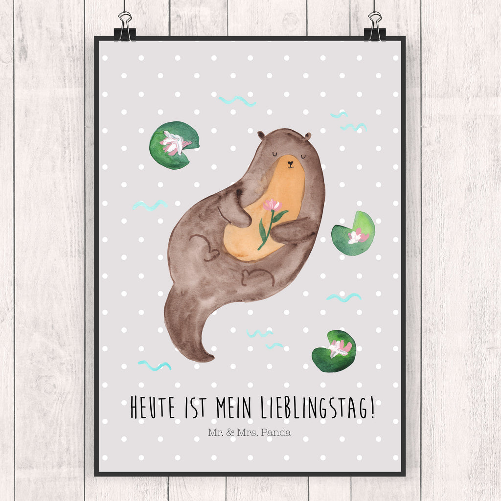 Poster Otter mit Seerose Poster, Wandposter, Bild, Wanddeko, Küchenposter, Kinderposter, Wanddeko Bild, Raumdekoration, Wanddekoration, Handgemaltes Poster, Mr. & Mrs. Panda Poster, Designposter, Kunstdruck, Posterdruck, Otter, Fischotter, Seeotter, Otter Seeotter See Otter