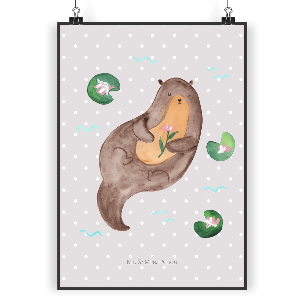 Poster Otter mit Seerose Poster, Wandposter, Bild, Wanddeko, Küchenposter, Kinderposter, Wanddeko Bild, Raumdekoration, Wanddekoration, Handgemaltes Poster, Mr. & Mrs. Panda Poster, Designposter, Kunstdruck, Posterdruck, Otter, Fischotter, Seeotter, Otter Seeotter See Otter