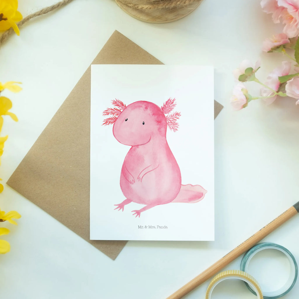 Grußkarte Axolotl Grußkarte, Klappkarte, Einladungskarte, Glückwunschkarte, Hochzeitskarte, Geburtstagskarte, Karte, Ansichtskarten, Axolotl, Molch, Axolot, vergnügt, fröhlich, zufrieden, Lebensstil, Weisheit, Lebensweisheit, Liebe, Freundin