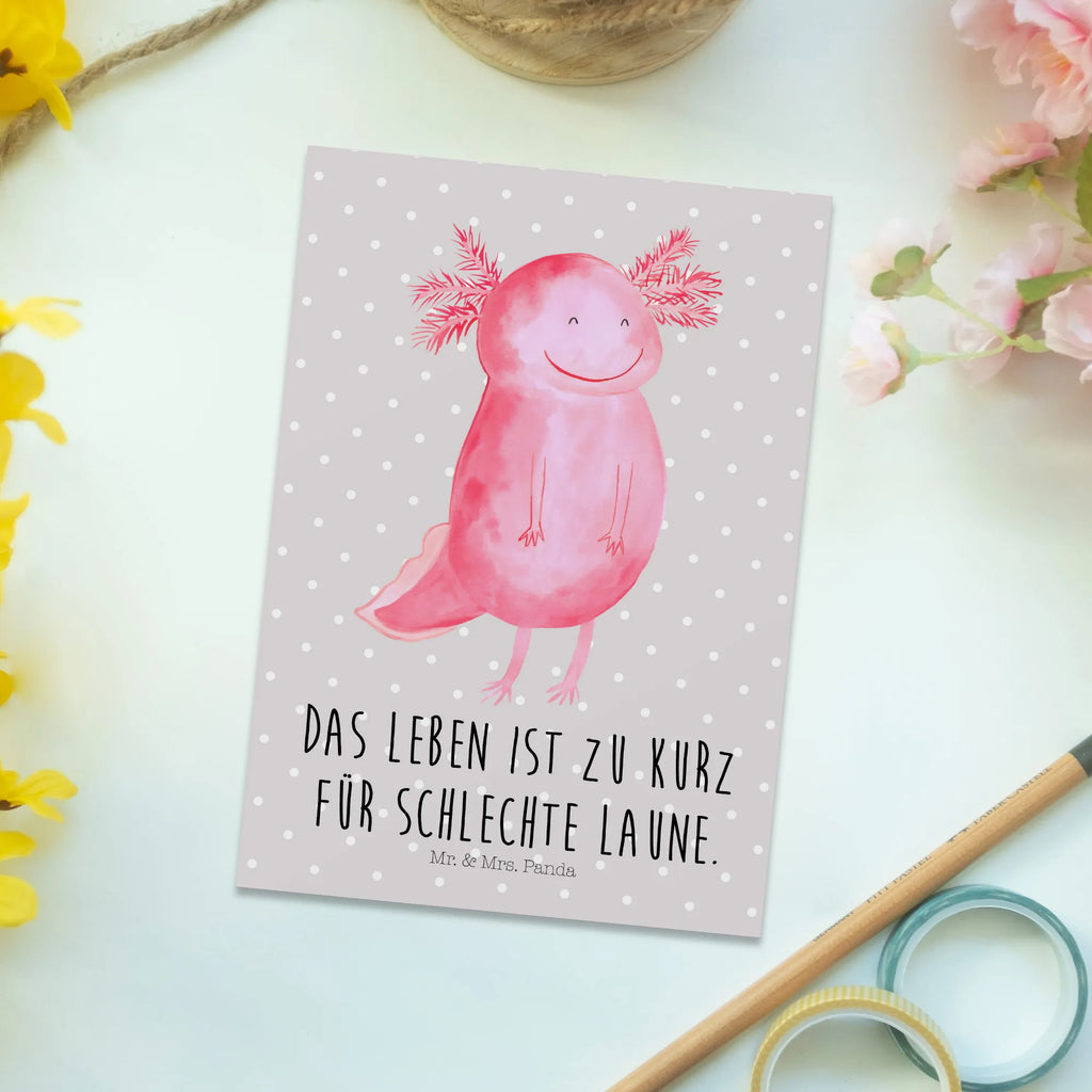 Postkarte Axolotl Glücklich Postkarte, Karte, Geschenkkarte, Grußkarte, Einladung, Ansichtskarte, Geburtstagskarte, Einladungskarte, Dankeskarte, Ansichtskarten, Einladung Geburtstag, Einladungskarten Geburtstag, Axolotl, Molch, Axolot, Schwanzlurch, Lurch, Lurche, Motivation, gute Laune