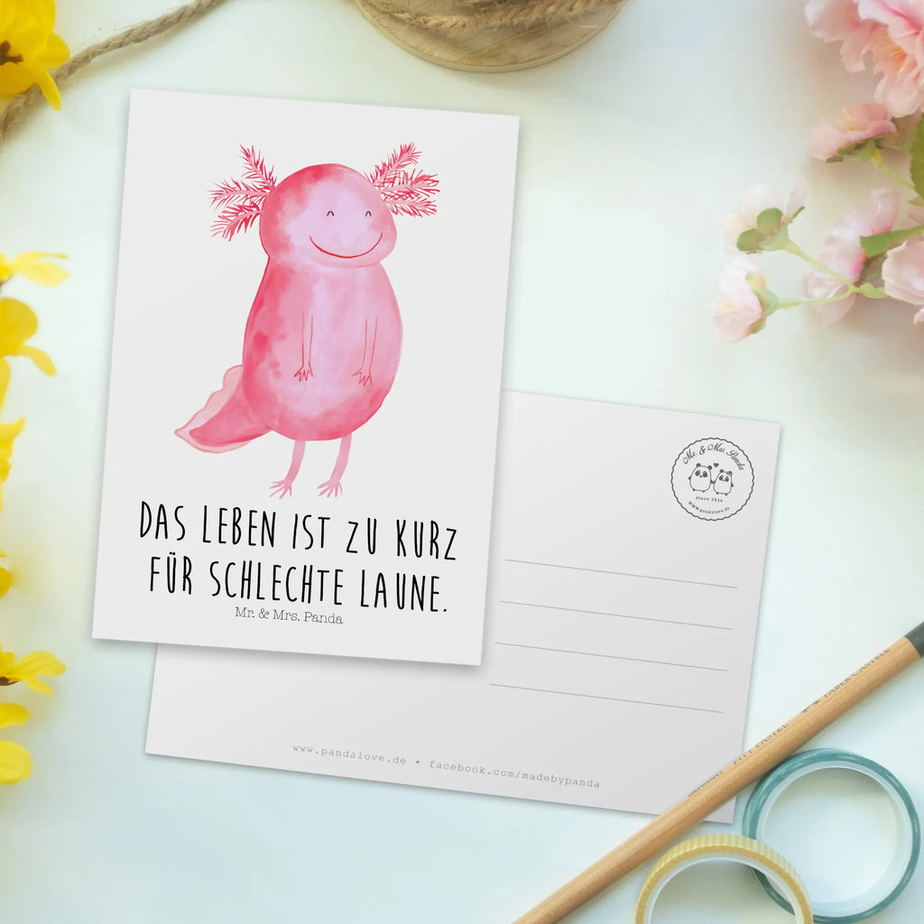 Postkarte Axolotl Glücklich Postkarte, Karte, Geschenkkarte, Grußkarte, Einladung, Ansichtskarte, Geburtstagskarte, Einladungskarte, Dankeskarte, Ansichtskarten, Einladung Geburtstag, Einladungskarten Geburtstag, Axolotl, Molch, Axolot, Schwanzlurch, Lurch, Lurche, Motivation, gute Laune